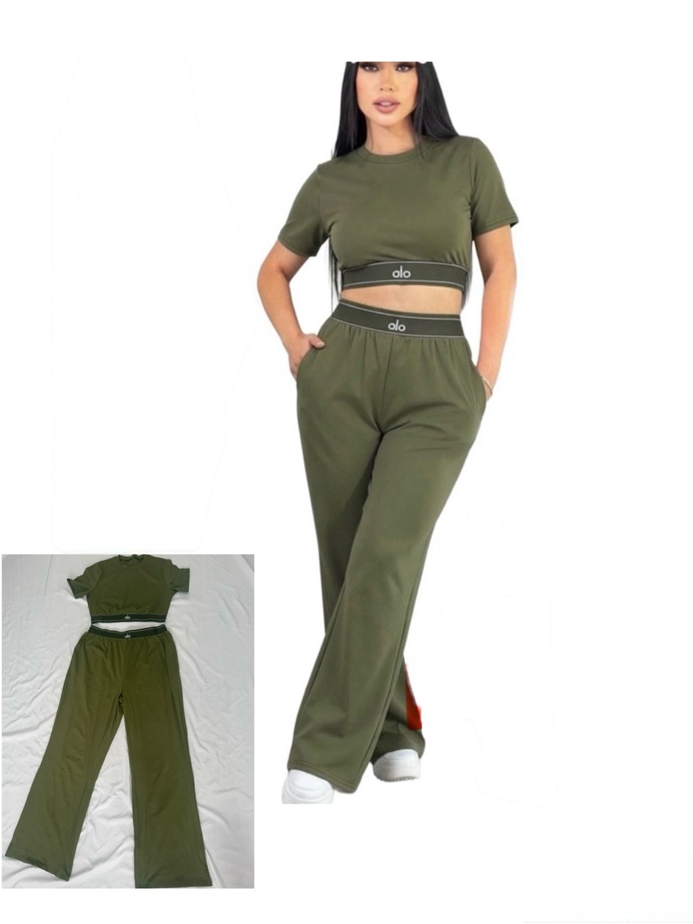 Olive Green Wide-Leg High-Rise Pants